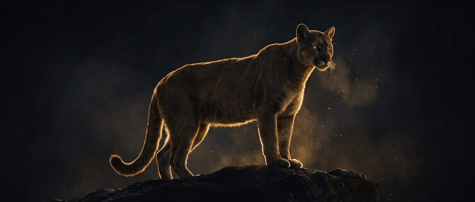 A puma rim-lit in gold standing on a dark ridge at night