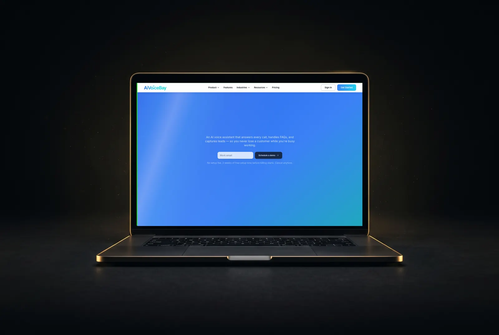 AiVoiceBay AI voice agent platform on a gold-lit laptop