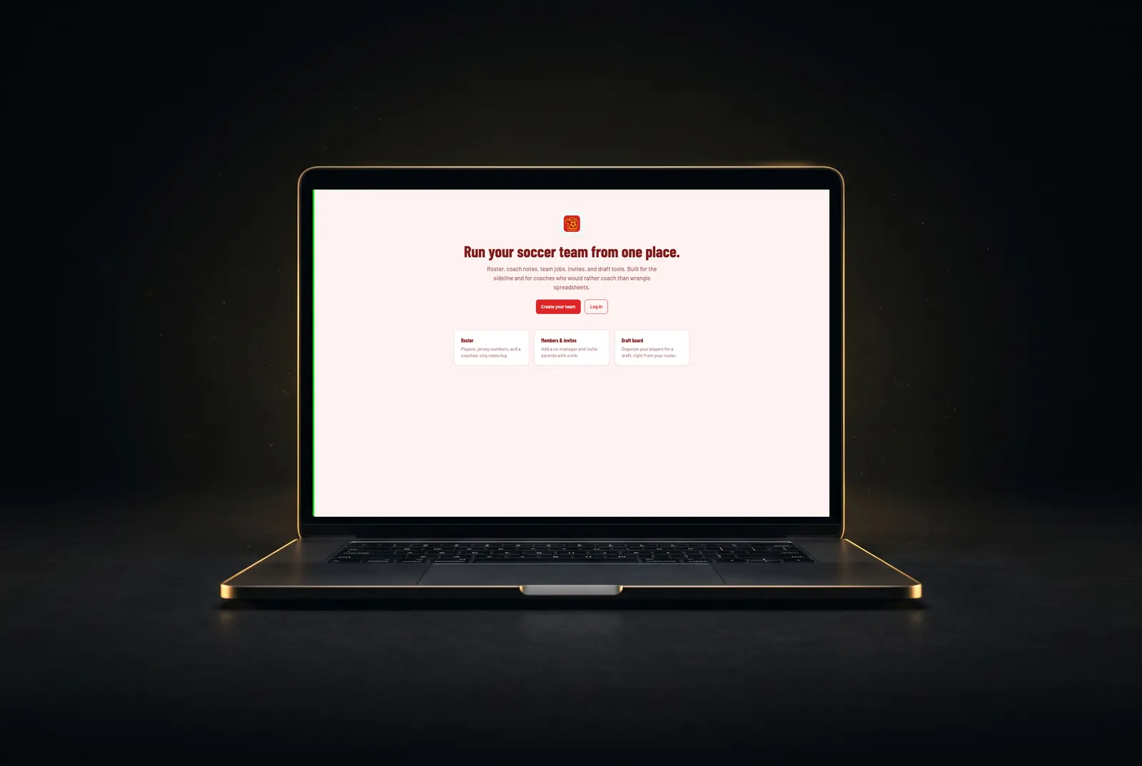 Coach Assistant team management app on a gold-lit laptop